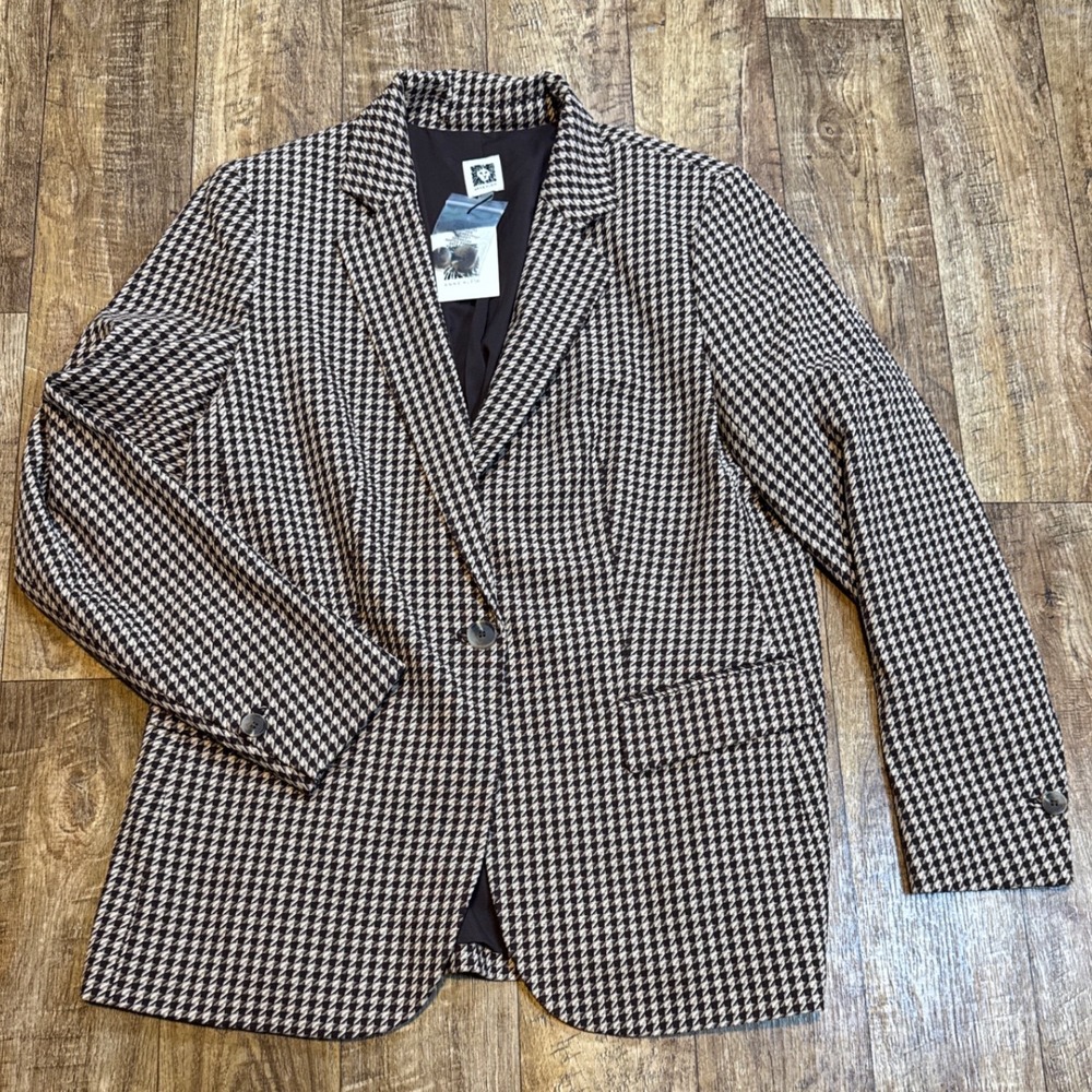 Anne Klein Womens Houndstooth Blazer Jacket Lt Coffee Multi Size 12 NWT